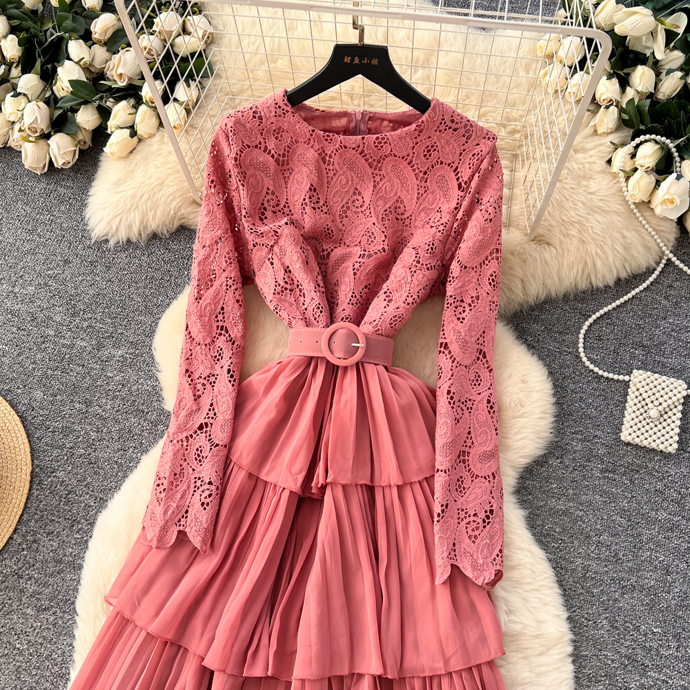 Long sleeve lotus leaf edges dress for women