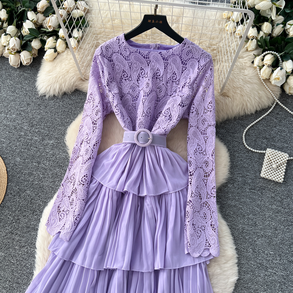 Long sleeve lotus leaf edges dress for women