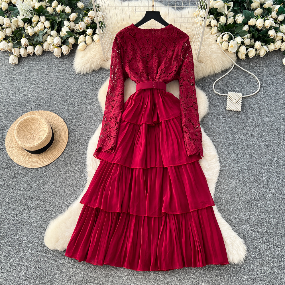 Long sleeve lotus leaf edges dress for women