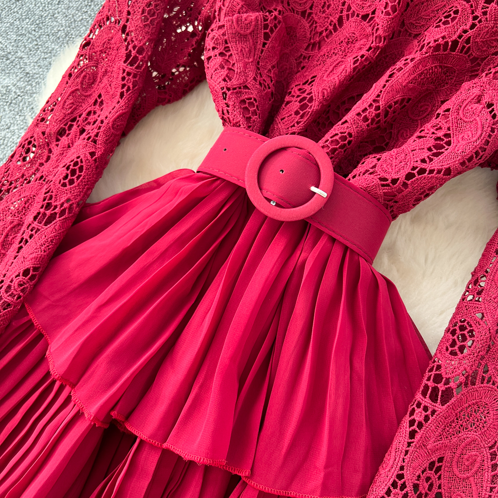 Long sleeve lotus leaf edges dress for women