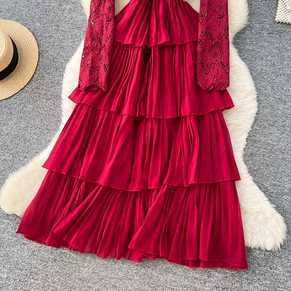 Long sleeve lotus leaf edges dress for women