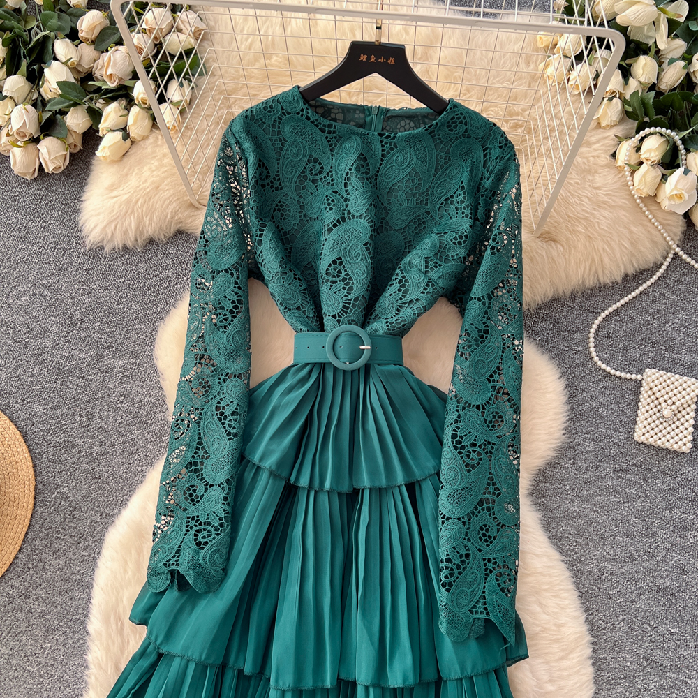 Long sleeve lotus leaf edges dress for women