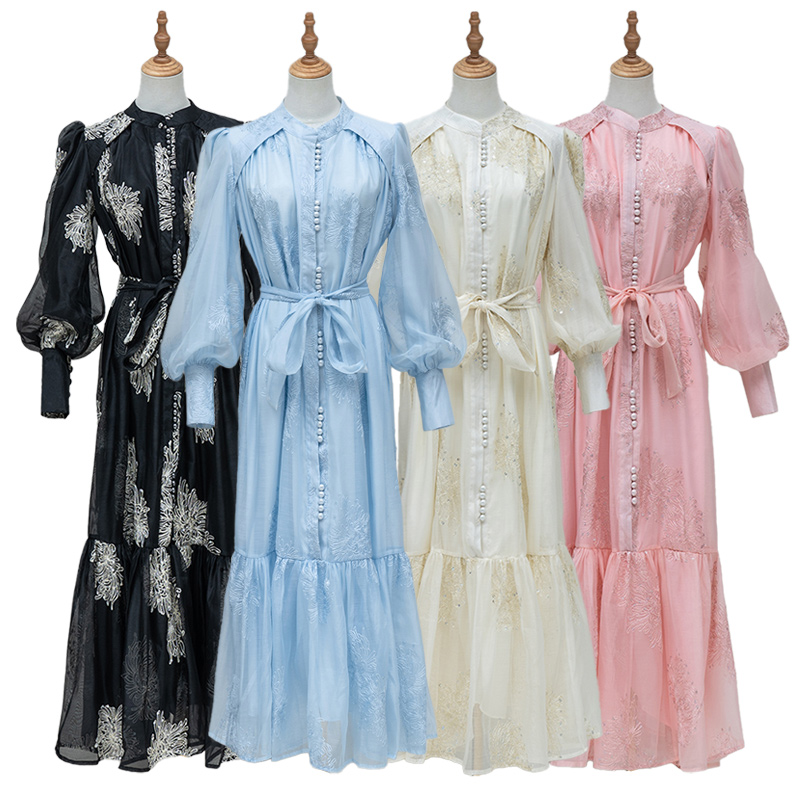 Pure long dress embroidered flowers dress