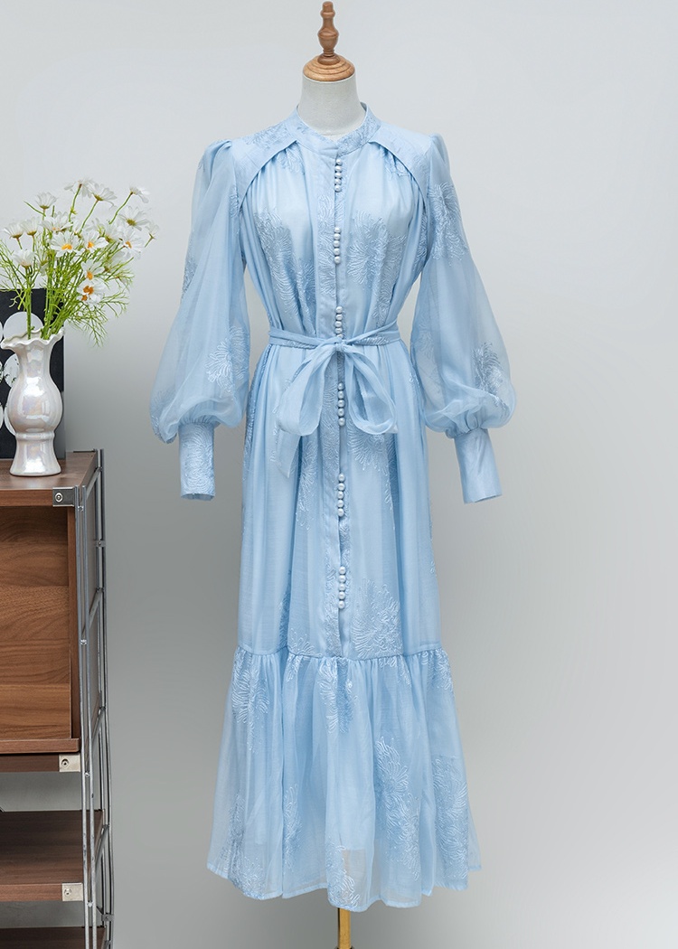 Pure long dress embroidered flowers dress