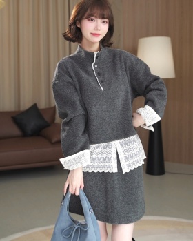 Lace hem splice hoodie half high collar short skirt a set