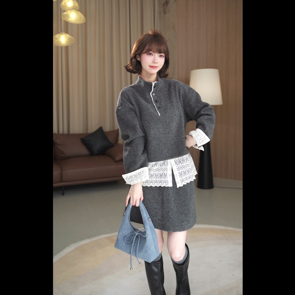 Lace hem splice hoodie half high collar short skirt a set