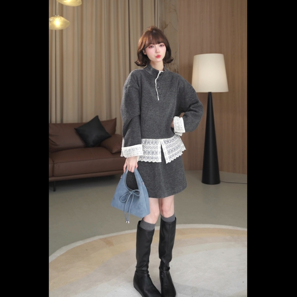 Lace hem splice hoodie half high collar short skirt a set