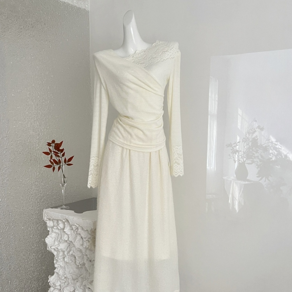 Lace skirt all-match tops 2pcs set for women