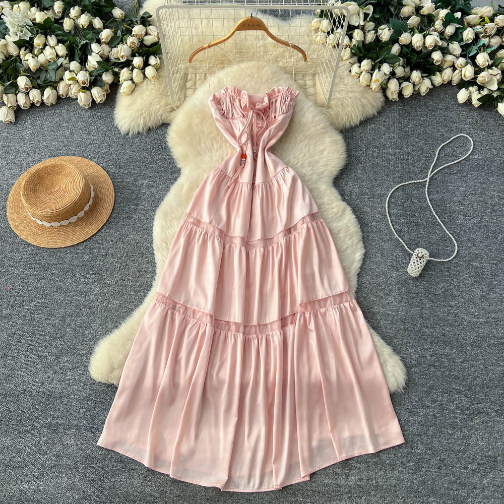 Lady tender high waist chouzhe sling summer pink halter dress