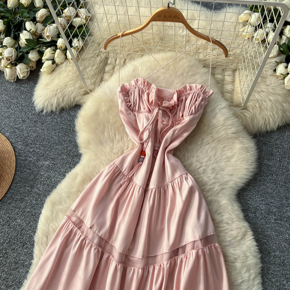 Lady tender high waist chouzhe sling summer pink halter dress