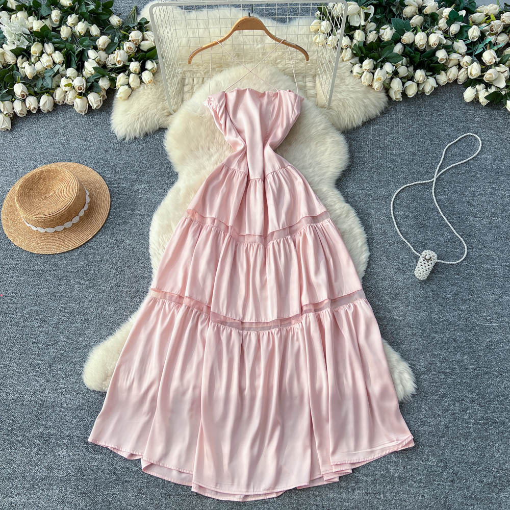 Lady tender high waist chouzhe sling summer pink halter dress