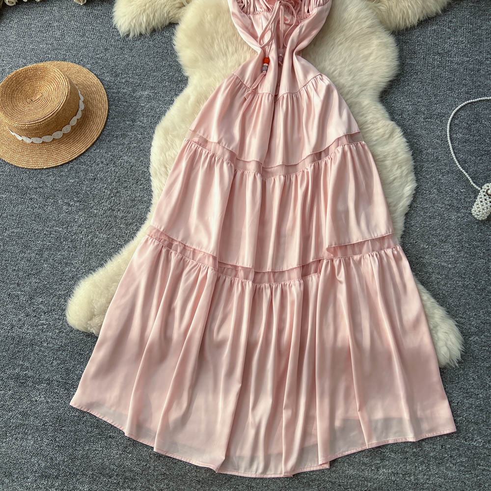 Lady tender high waist chouzhe sling summer pink halter dress