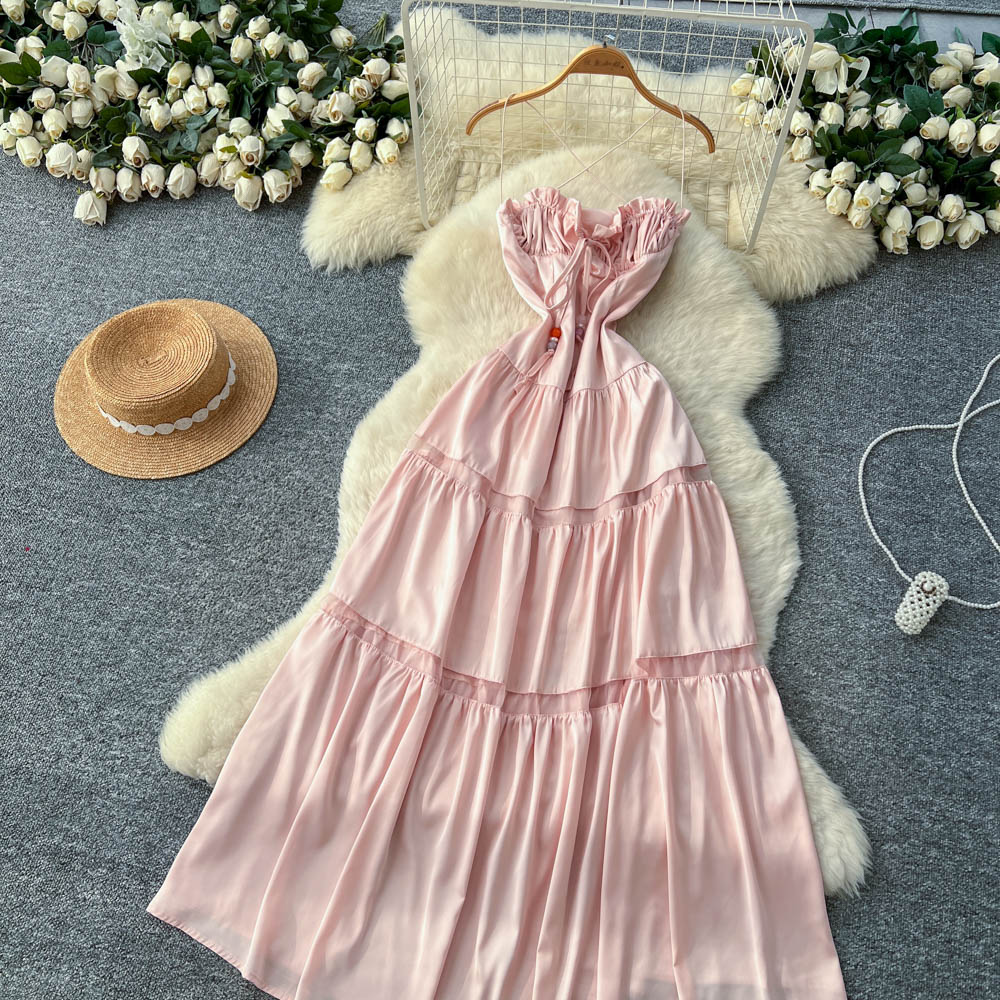 Lady tender high waist chouzhe sling summer pink halter dress