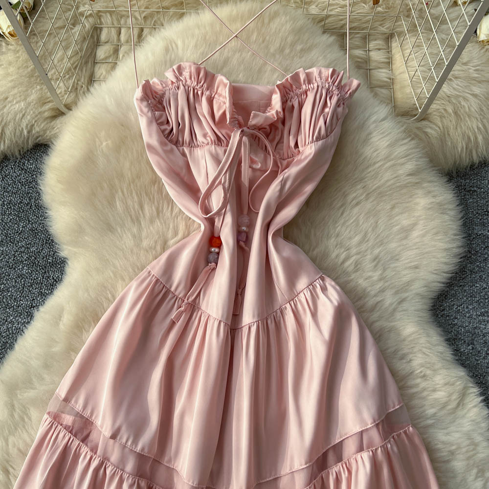 Lady tender high waist chouzhe sling summer pink halter dress