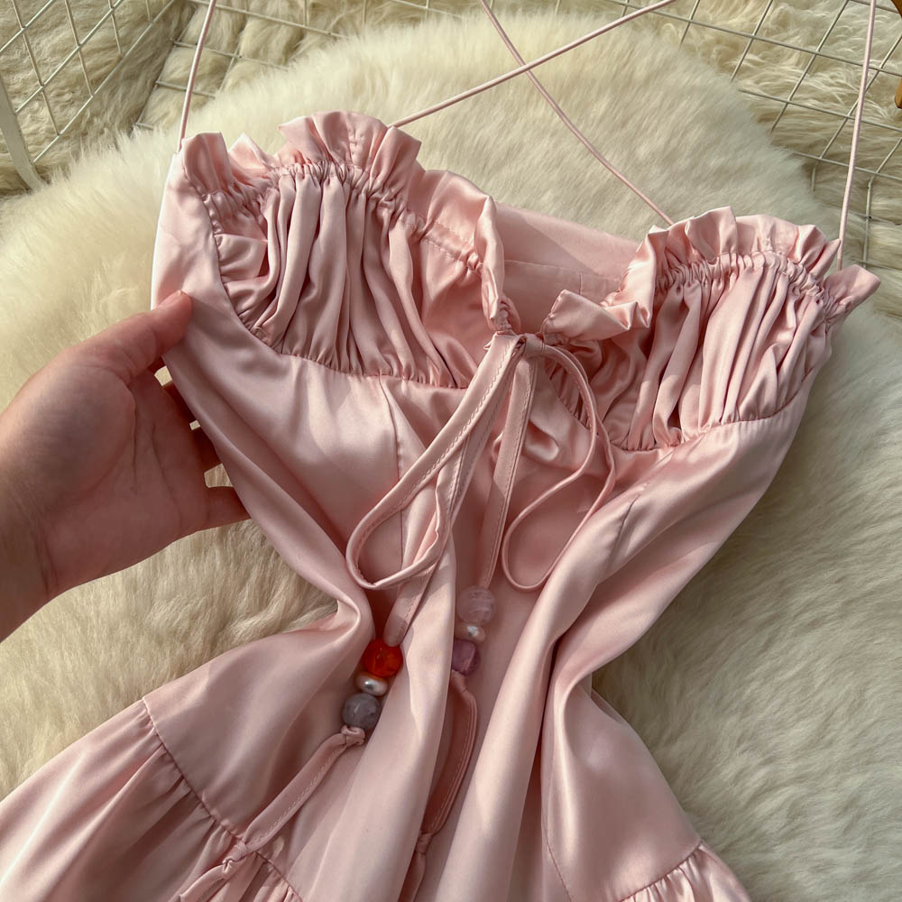 Lady tender high waist chouzhe sling summer pink halter dress