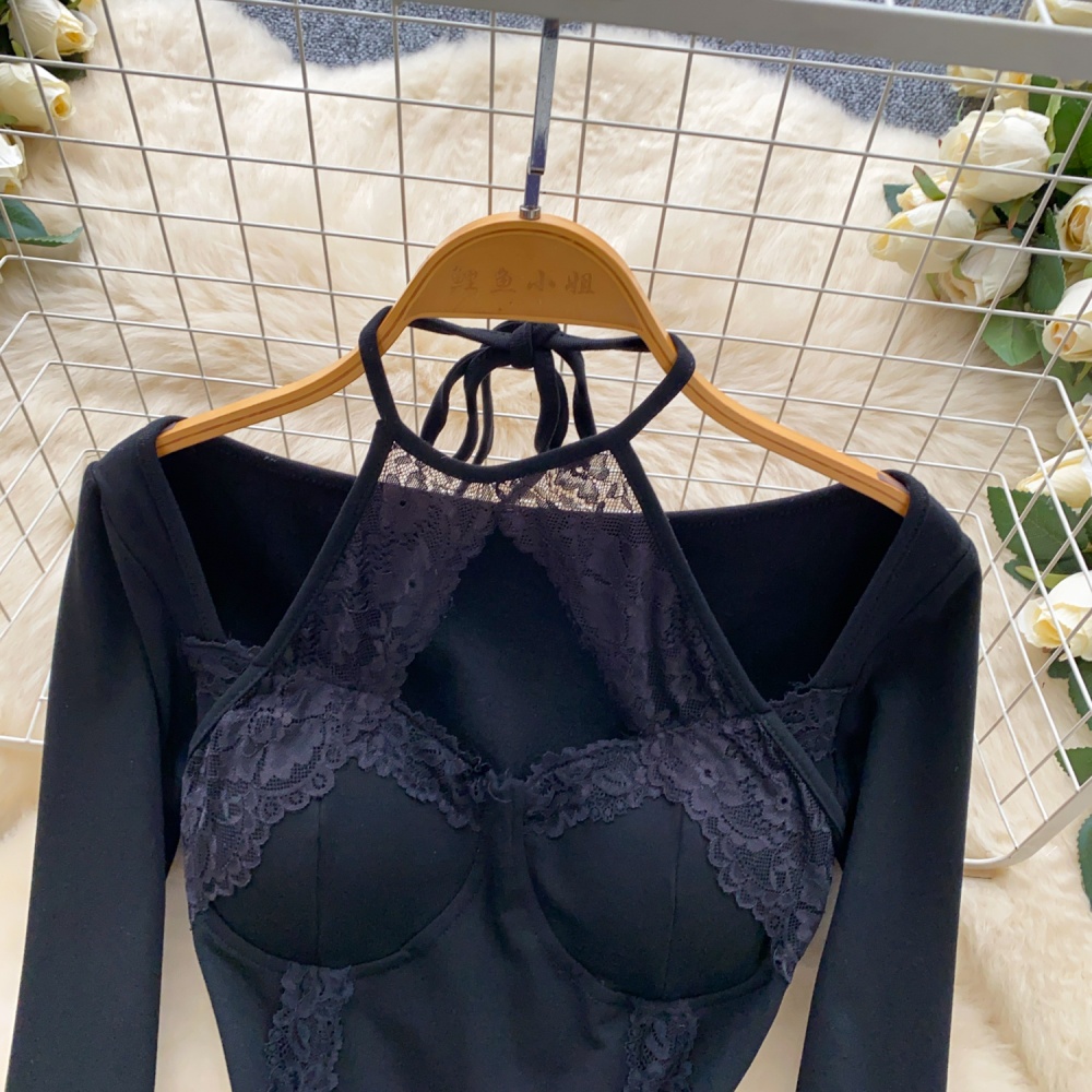 Lace with chest pad T-shirt long sleeve enticement tops