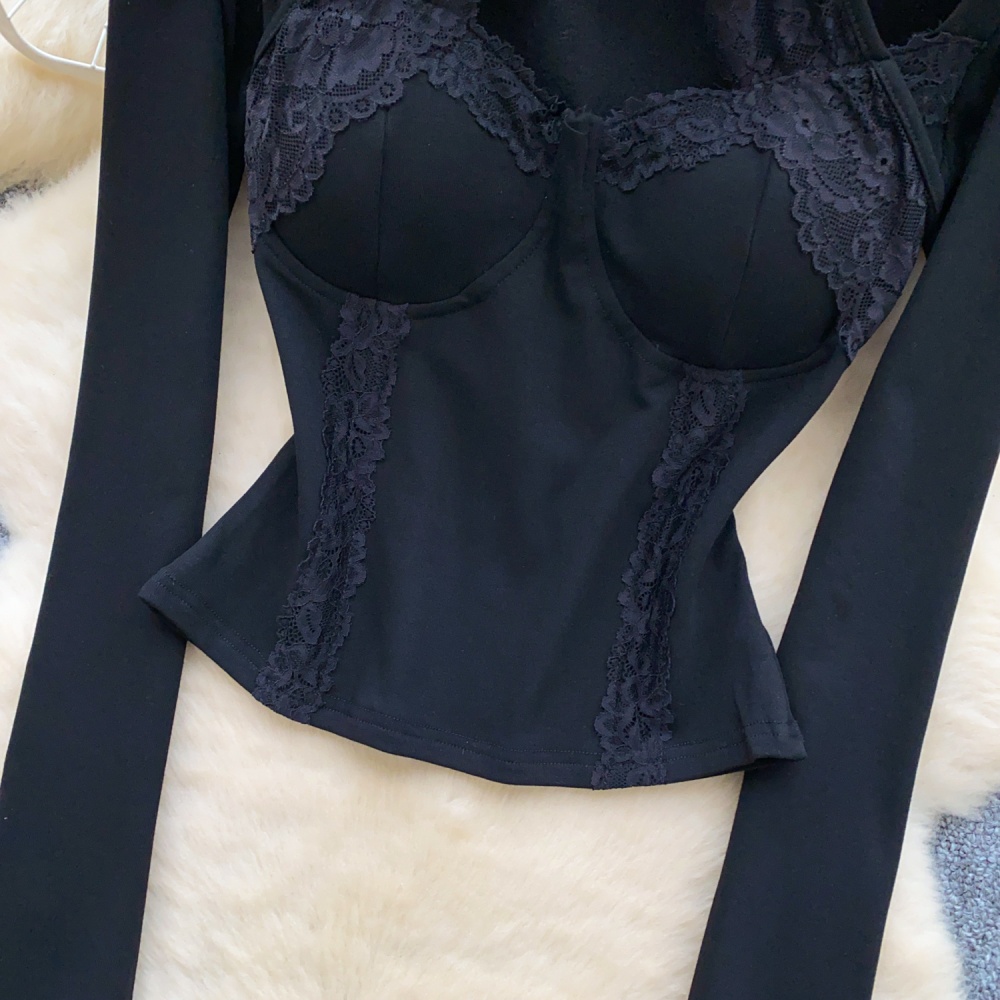 Lace with chest pad T-shirt long sleeve enticement tops