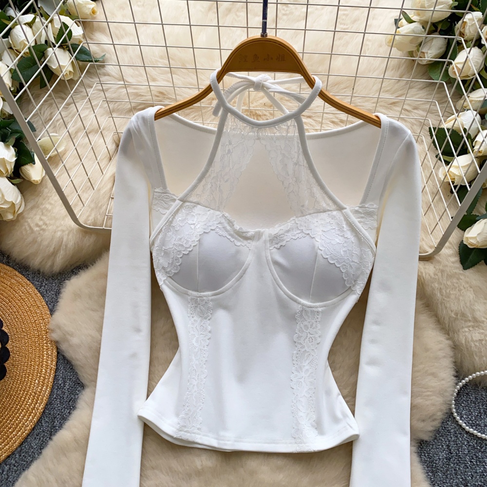 Lace with chest pad T-shirt long sleeve enticement tops