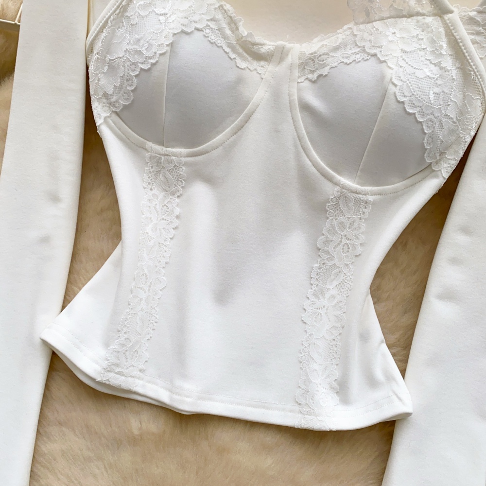 Lace with chest pad T-shirt long sleeve enticement tops