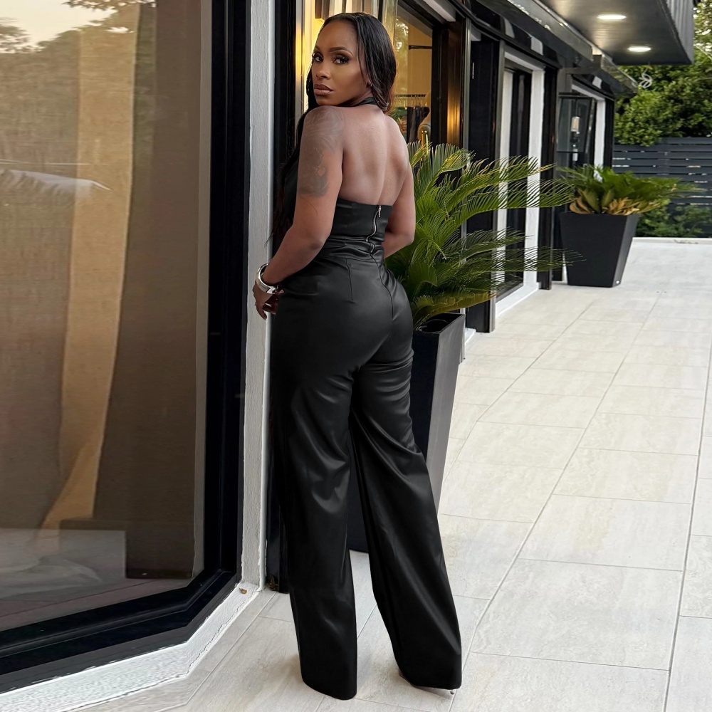 PU halter sexy frenum fashion pants 2pcs set for women