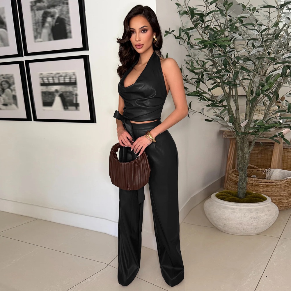 PU halter sexy frenum fashion pants 2pcs set for women