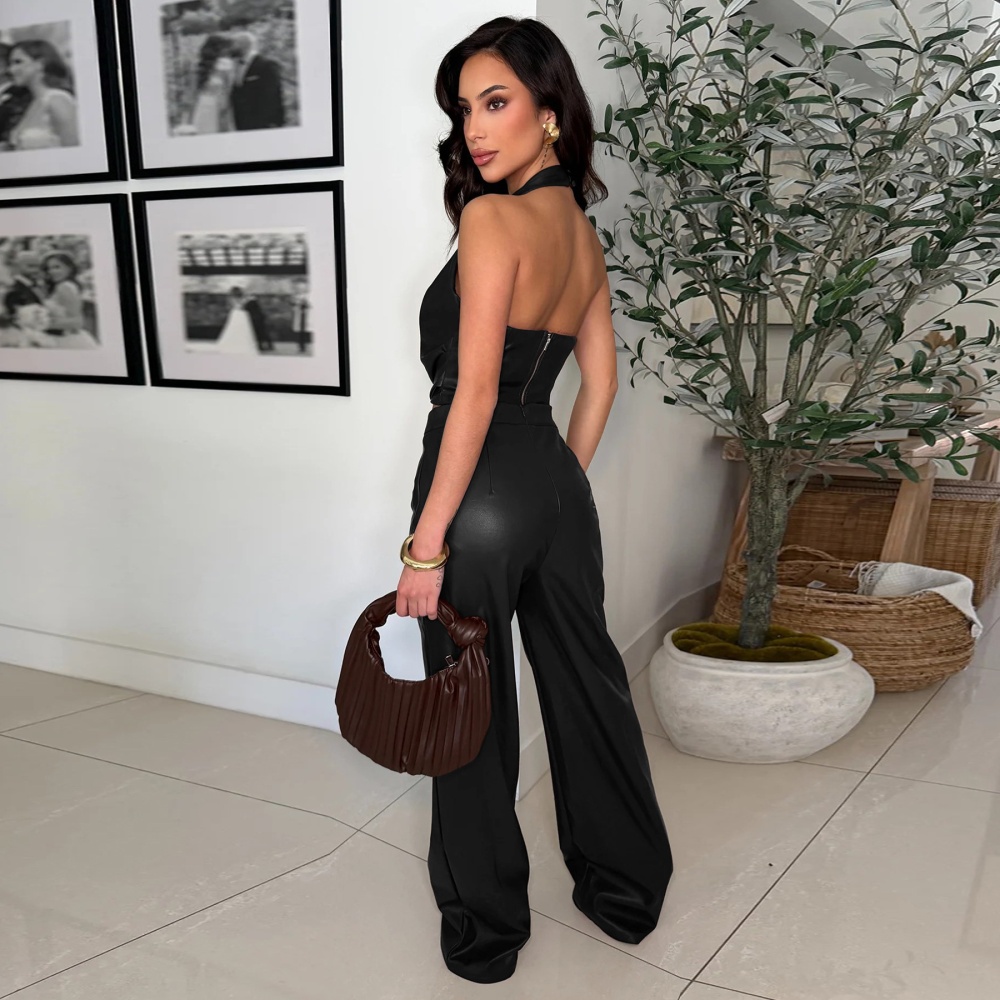 PU halter sexy frenum fashion pants 2pcs set for women