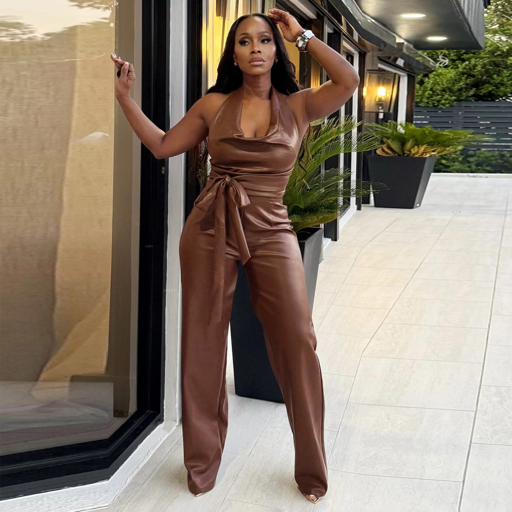 PU halter sexy frenum fashion pants 2pcs set for women