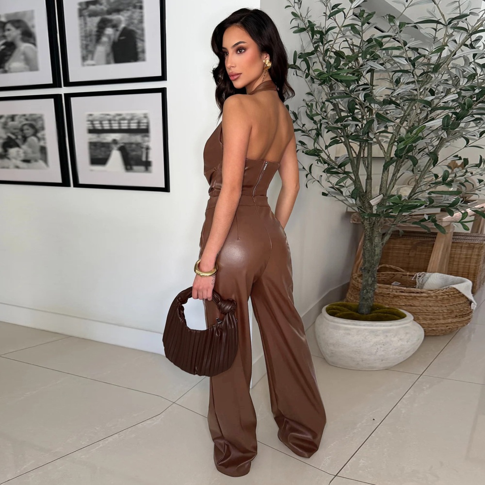 PU halter sexy frenum fashion pants 2pcs set for women