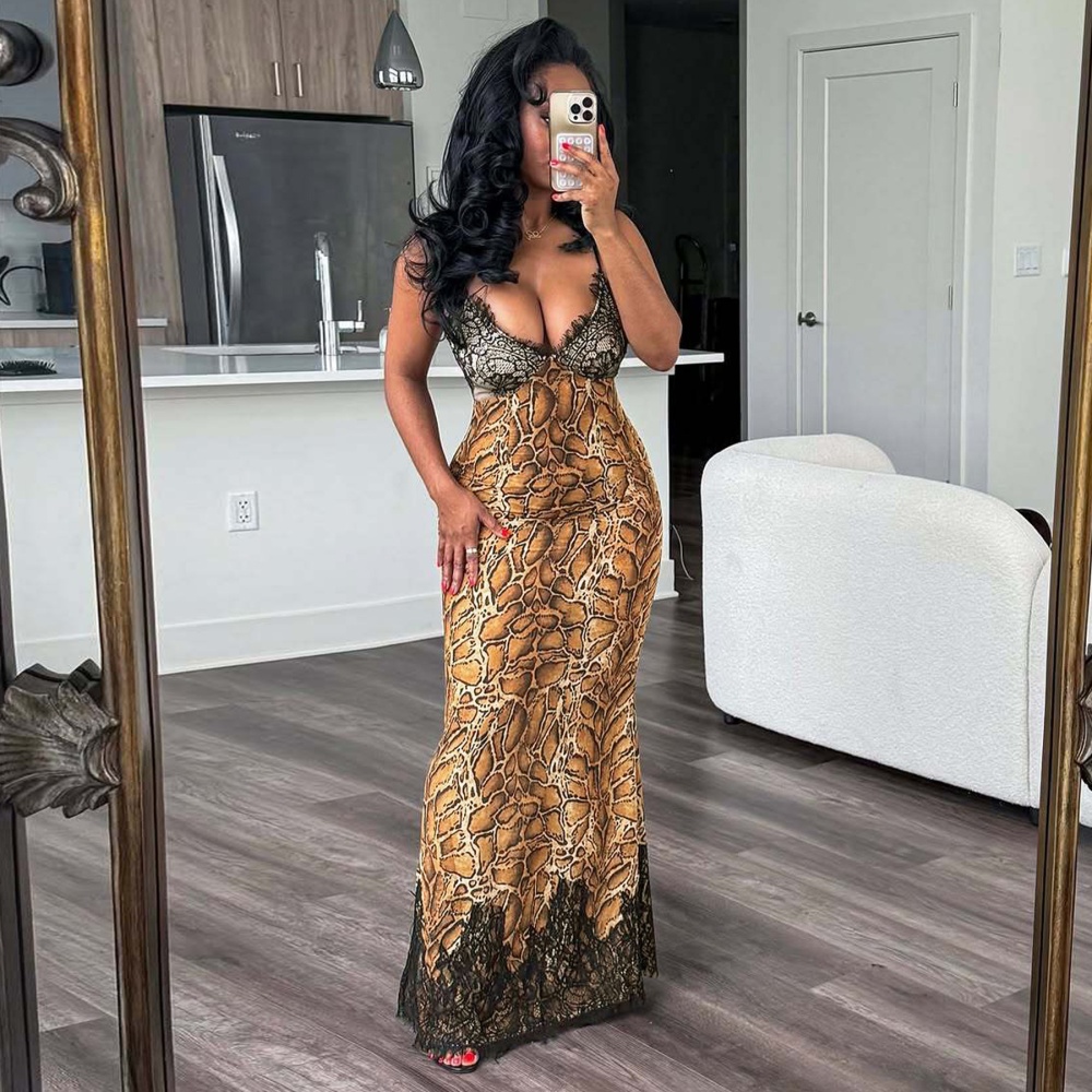 Fashion splice sling leopard sexy V-neck dress for women