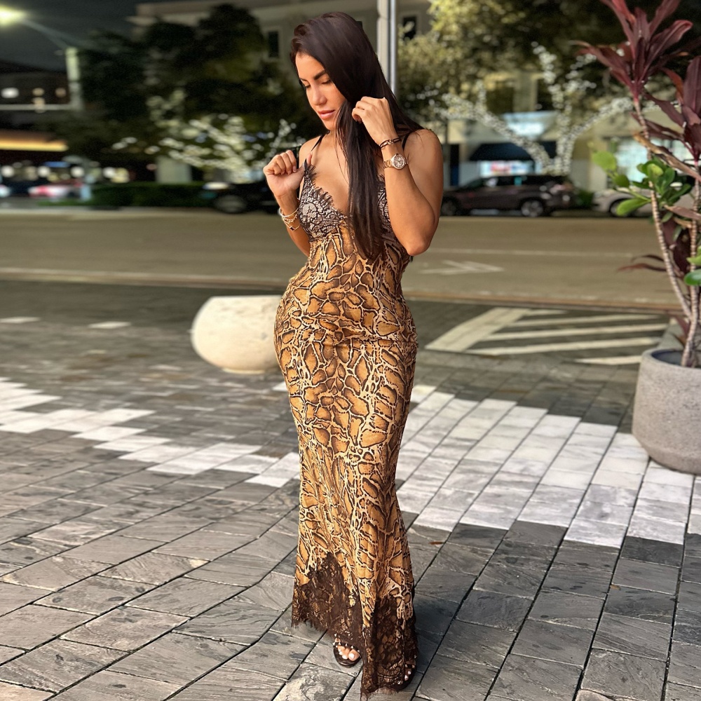 Fashion splice sling leopard sexy V-neck dress for women