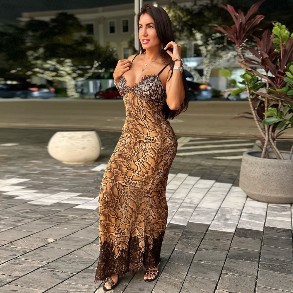 Fashion splice sling leopard sexy V-neck dress for women
