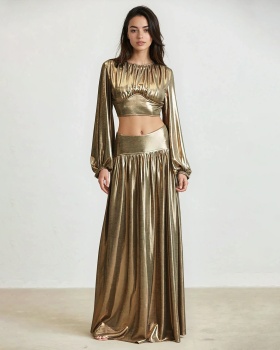 Pinched waist lantern sleeve sexy skirt a set for women