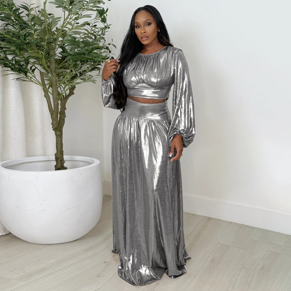 Pinched waist lantern sleeve sexy skirt a set for women