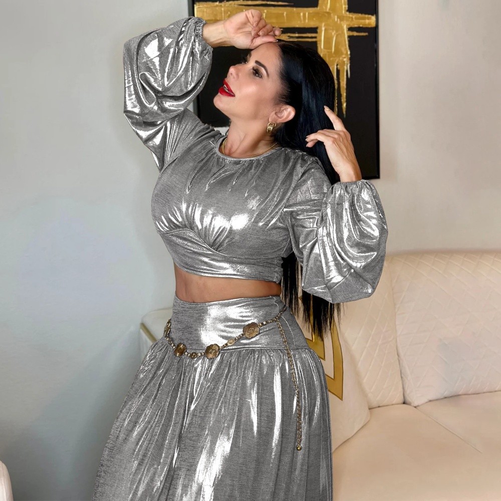 Pinched waist lantern sleeve sexy skirt a set for women