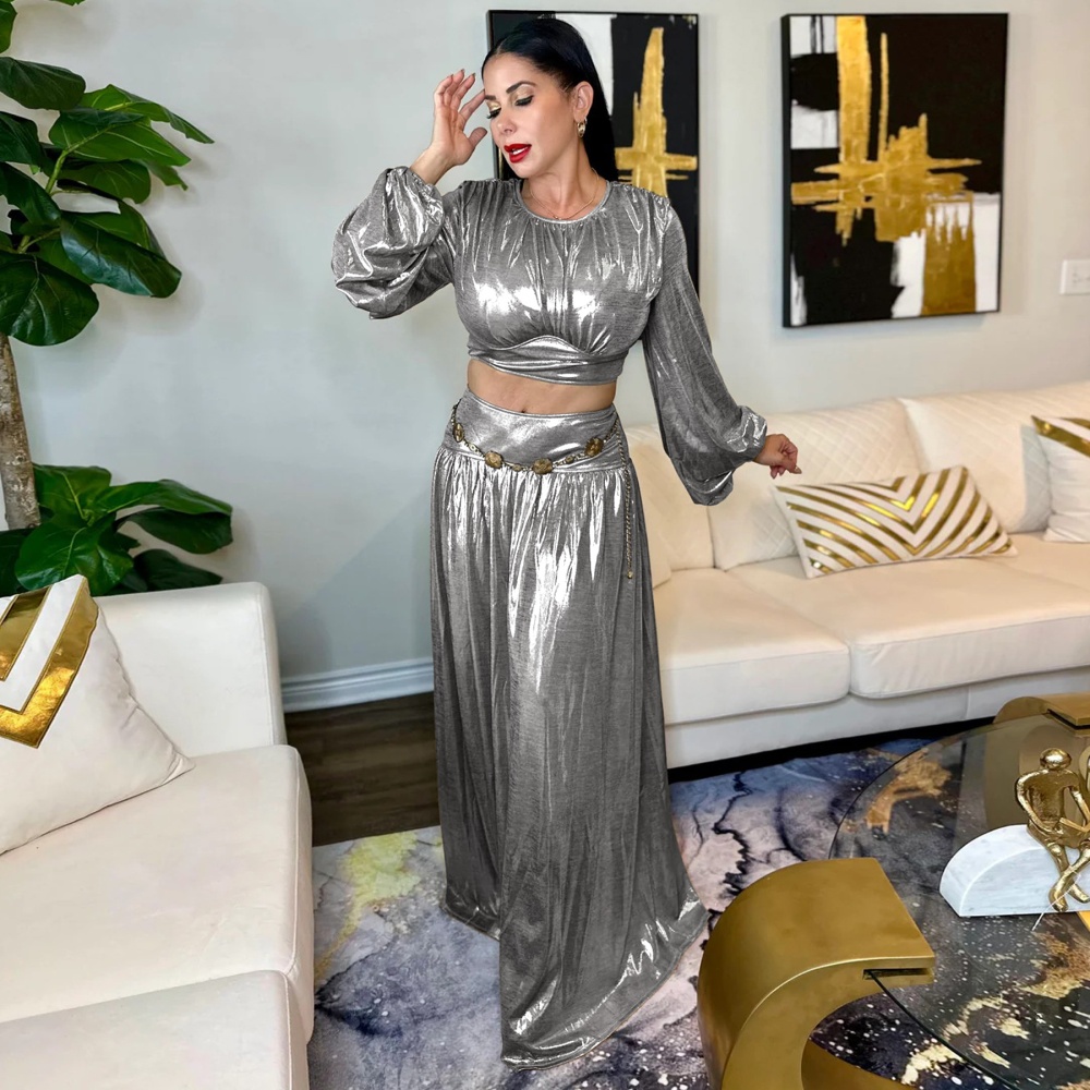 Pinched waist lantern sleeve sexy skirt a set for women