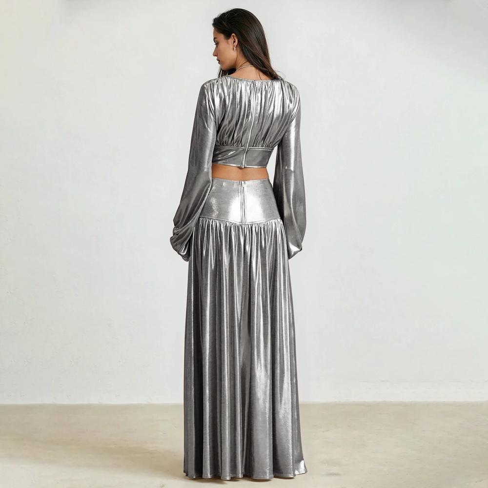 Pinched waist lantern sleeve sexy skirt a set for women