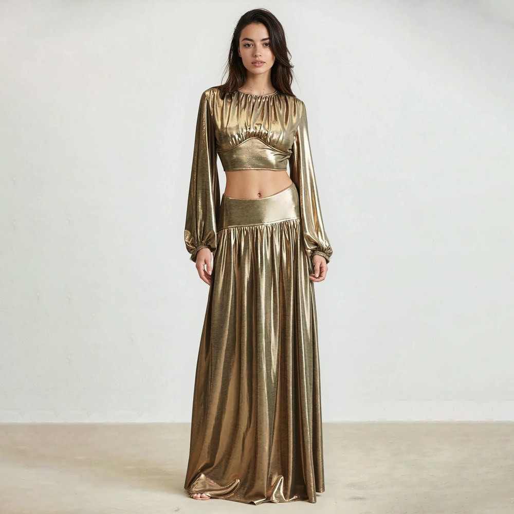 Pinched waist lantern sleeve sexy skirt a set for women