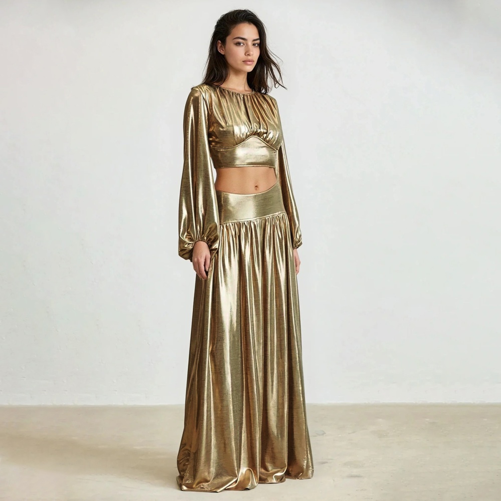 Pinched waist lantern sleeve sexy skirt a set for women