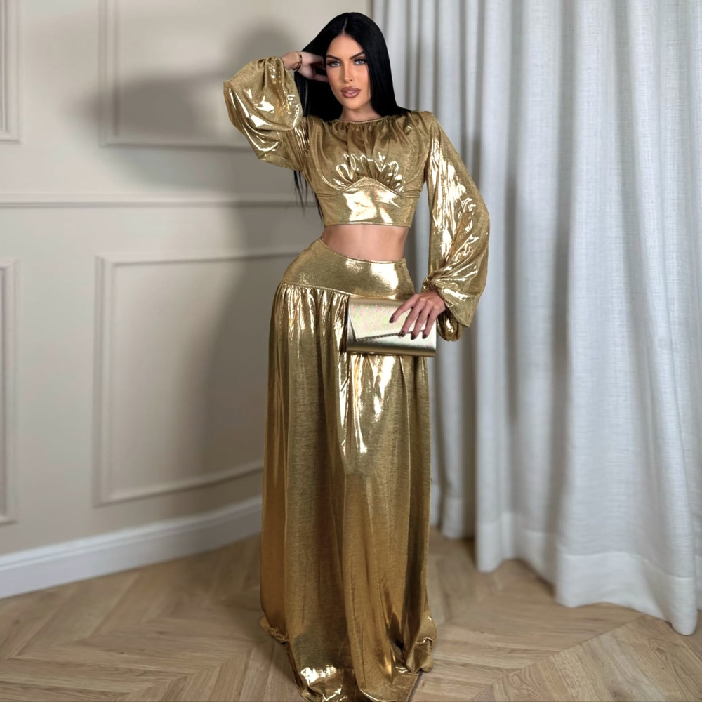 Pinched waist lantern sleeve sexy skirt a set for women