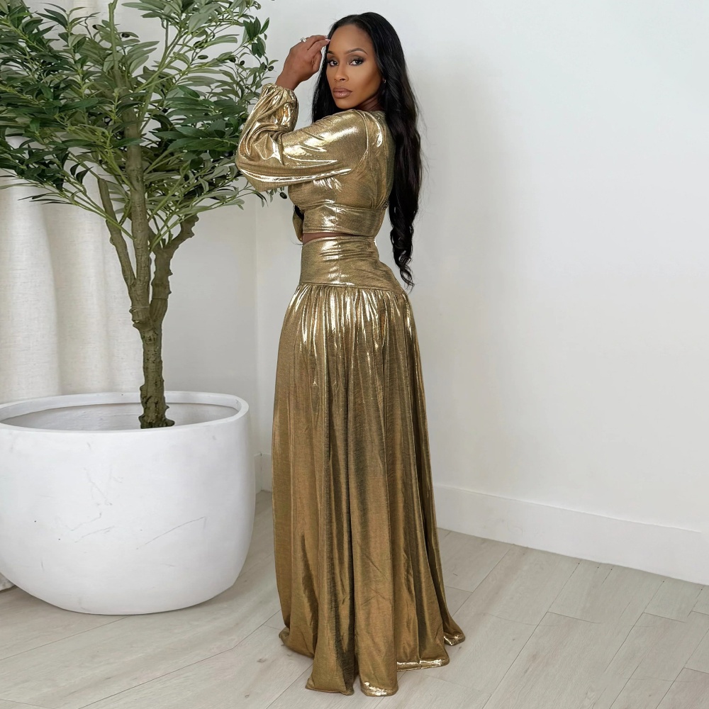 Pinched waist lantern sleeve sexy skirt a set for women