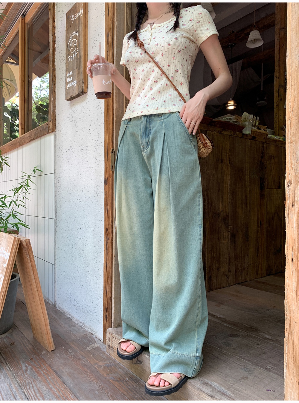 Fold large yard denim slim big speaker wide leg pants