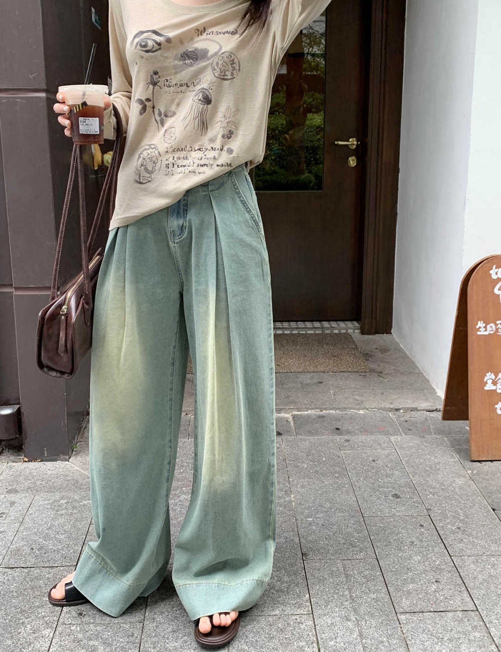 Fold large yard denim slim big speaker wide leg pants