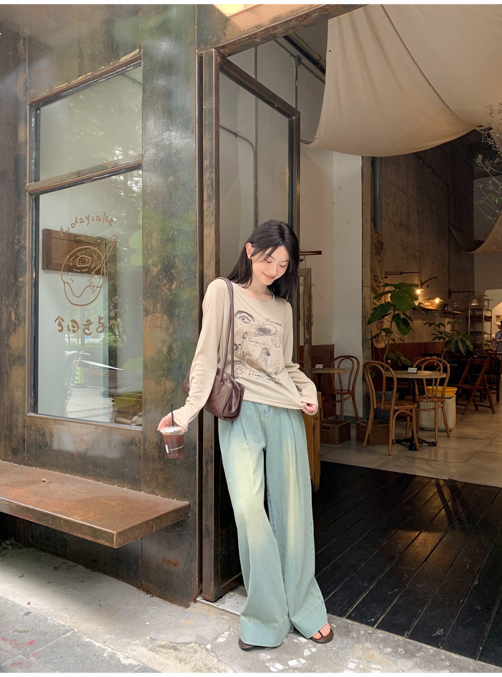 Fold large yard denim slim big speaker wide leg pants