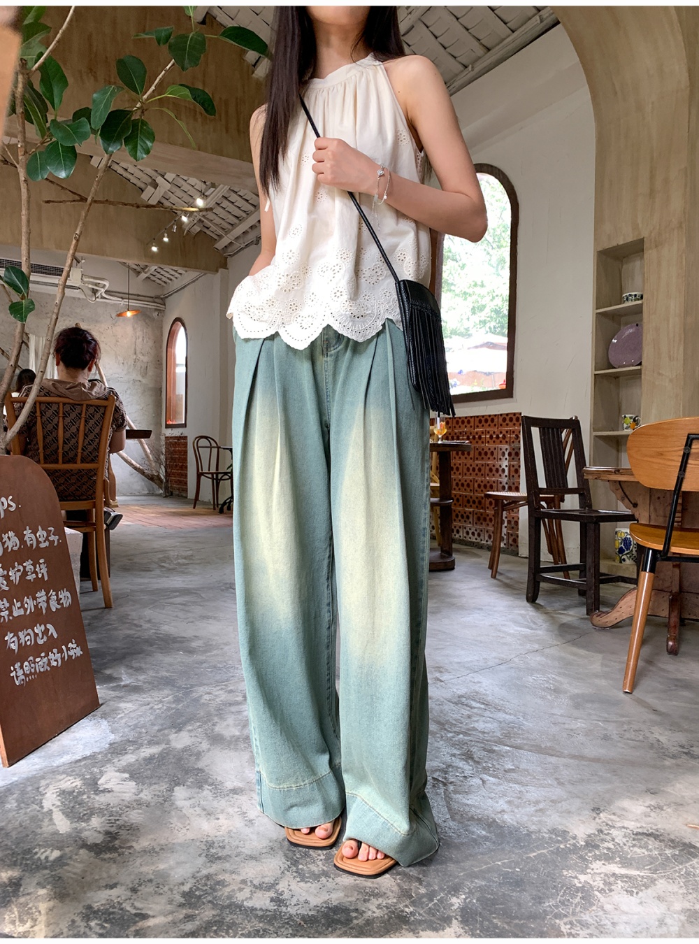 Fold large yard denim slim big speaker wide leg pants