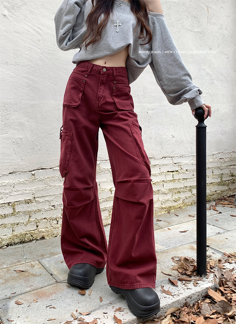 Autumn large yard work clothing red spicegirl jeans for women