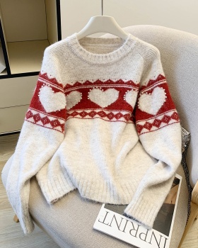 Western style mixed colors knitted sweater retro red tops