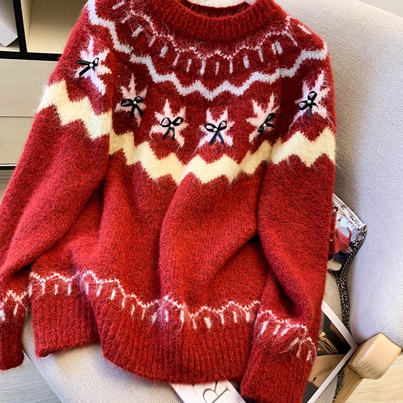 Round neck colors all-match thick loose sweater for women