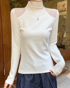 Long sleeve splice gauze T-shirt white sueding tops for women