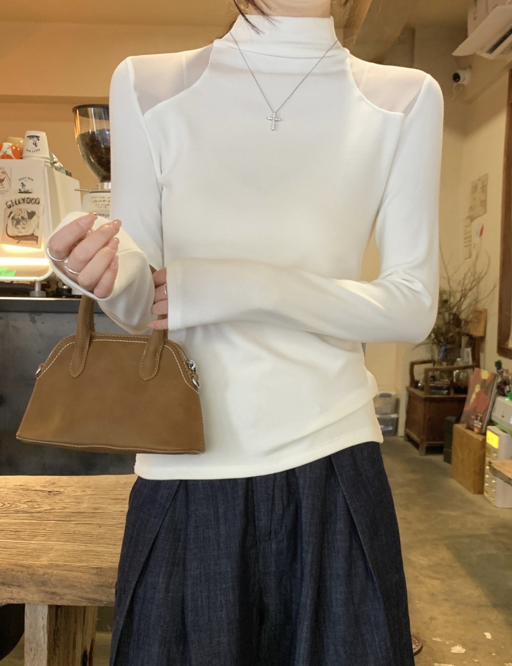 Long sleeve splice gauze T-shirt white sueding tops for women