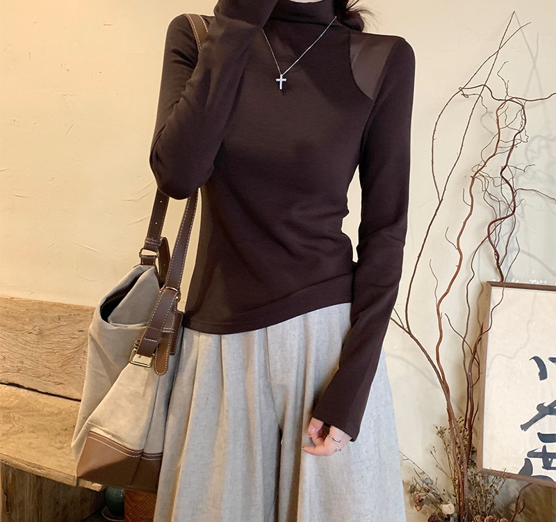 Long sleeve splice gauze T-shirt white sueding tops for women